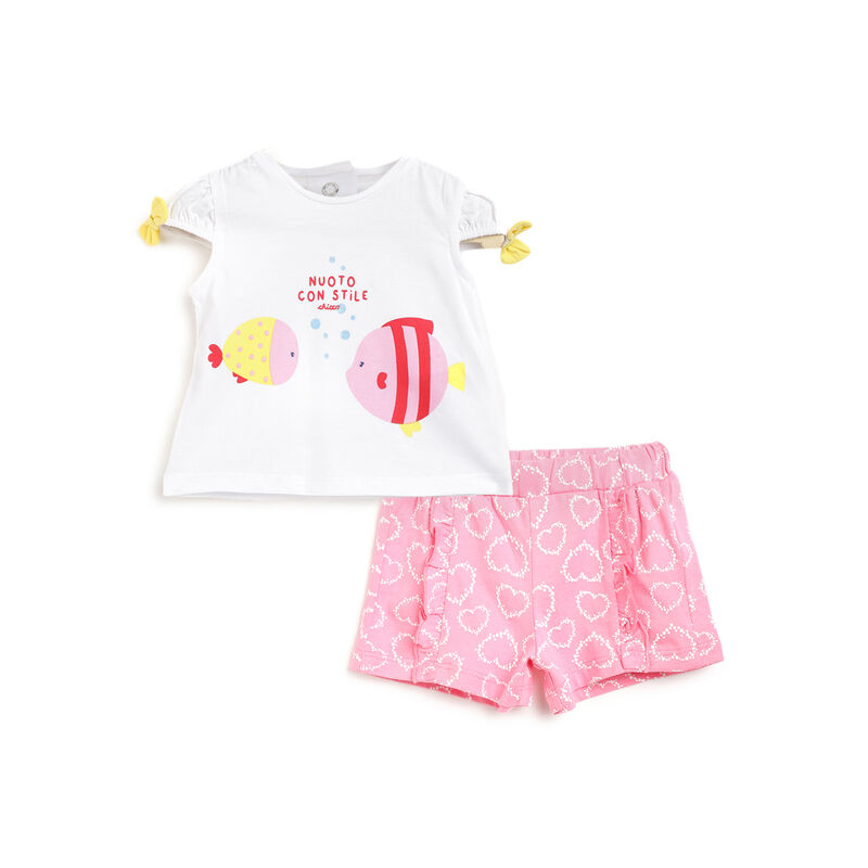 Girls White and Pink Printed Outfit with Short Pants image number 0